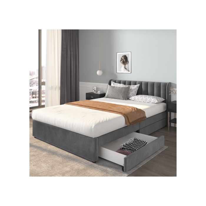 Lit 140x200 cm - MUVOE - Velours gris - 2 tiroirs - Sommier à lattes - Design contemporain