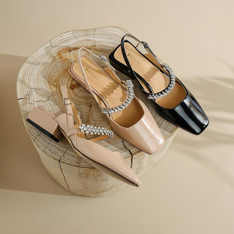 Summer Ladies Sandals Natural Leather Sheep Patent Leather Upper Women Sandals Buckle Square Toe Heel Shoes