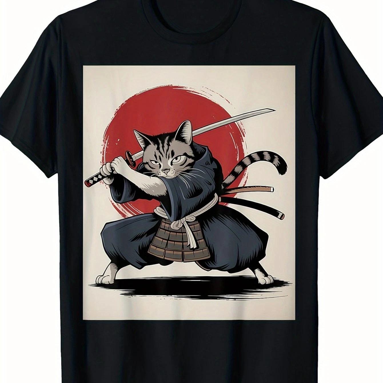 Samurai Cat T Shirt Vintage Ukiyo E Funny Warrior Cat Japanese Graphic Tee XL