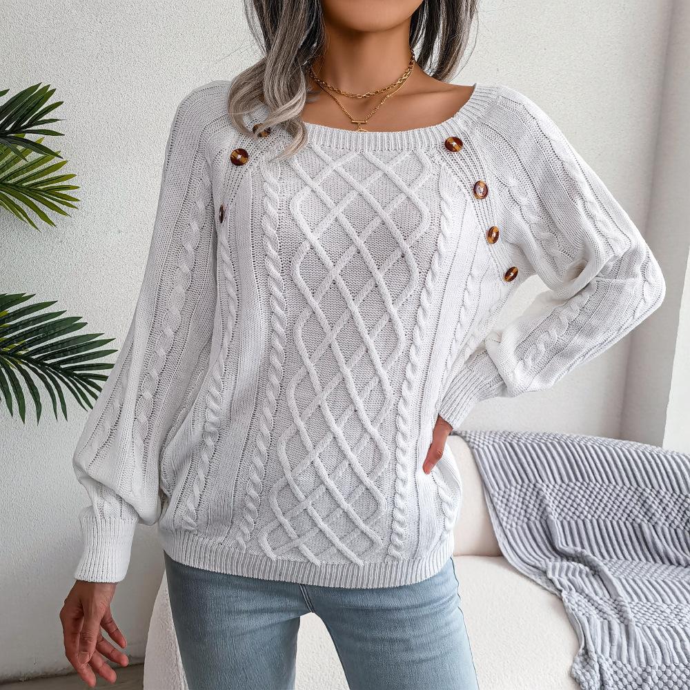 Womens Autumn Winter Cable Knit Sweater Solid Color Square Neck Buttons Long Sleeve Ribbed Knitted Pullover Loose Jumpers Tops