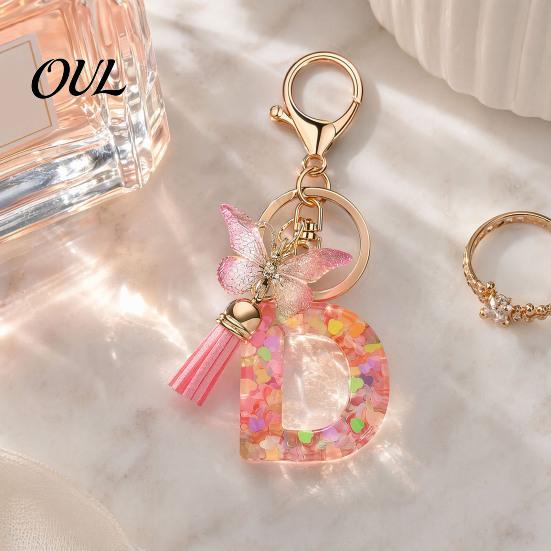 Kompaktes Schlüsselanhänger-Anhänger in Rosa-Serie, Pailletten Herz Initialen-Buchstaben-Anhänger Schlüsselkette mit tragbarem Schmetterlings-Quasten-Design, A-Z Halter für Tasche