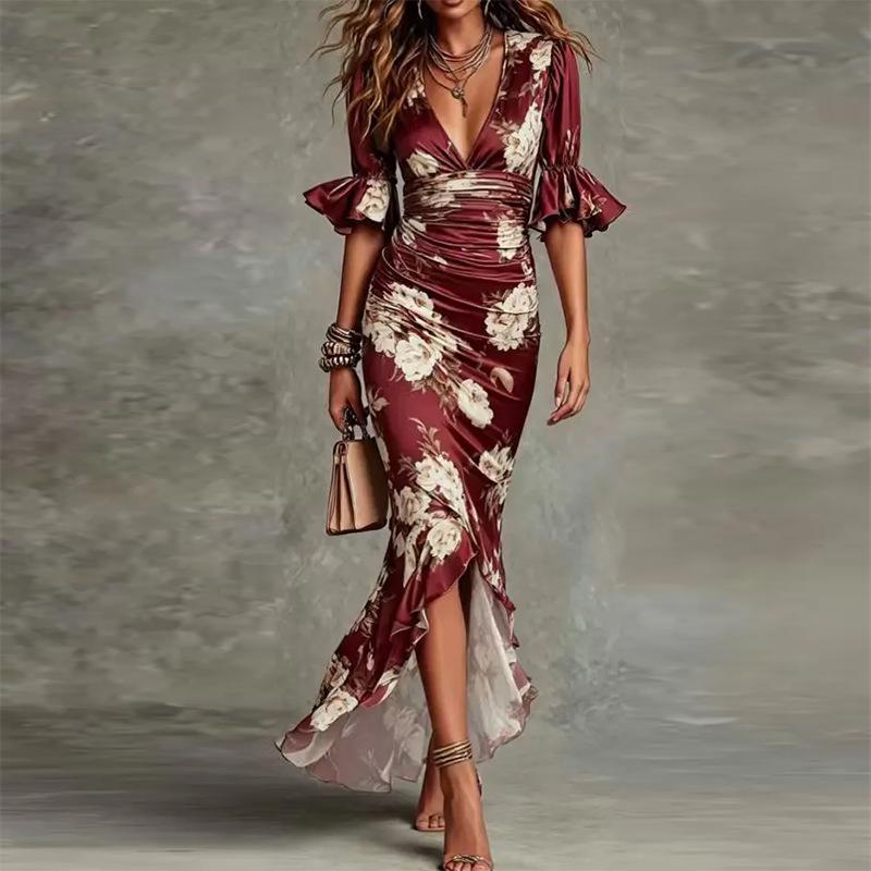 2026 spring new women s clothing, European and American cross-border dress, elegant casual loose plant print dress S красный