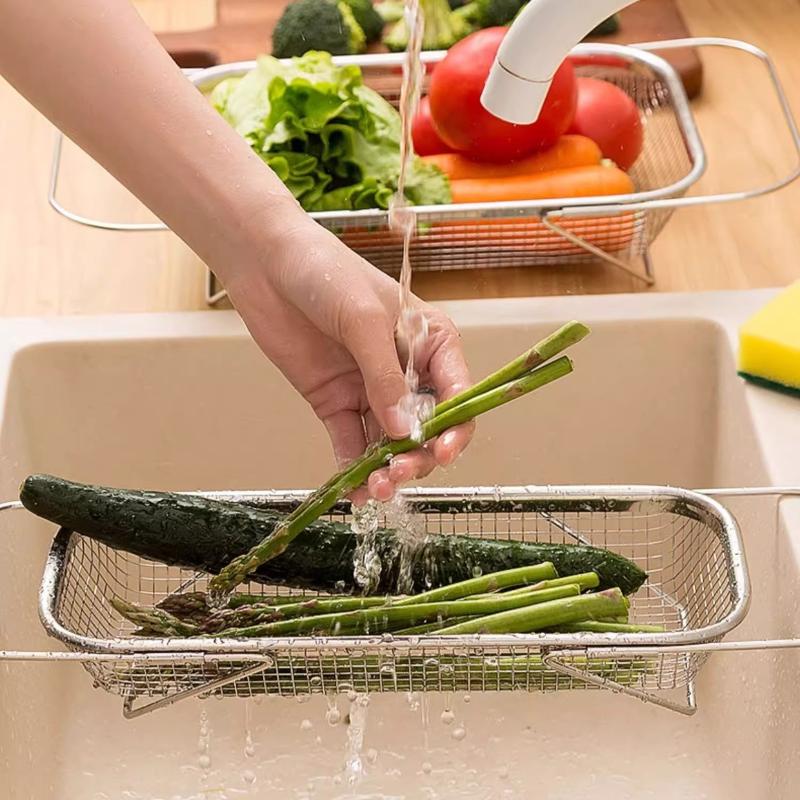 Cesta de Drenagem em Aço Inoxidável Pia de Cozinha Retrátil Bacia para Lavar Vegetais Escorredor de Louça Escorredor de Talheres
