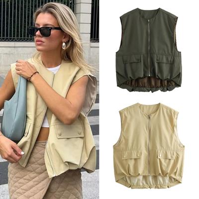 Y2K Summer Loose Casual Cardigan Women's Vest Fashion Lunch Break Solid Colour Zip Vest
