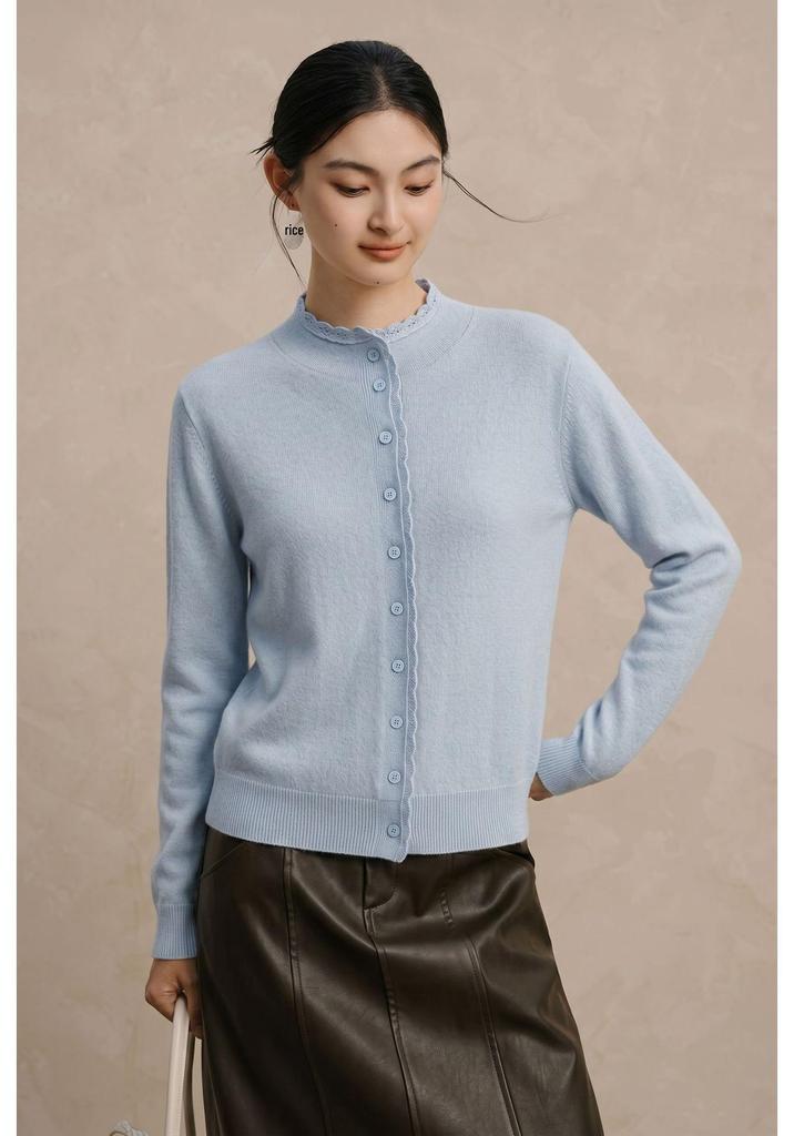 Pure Wool Women's Lace Trim Cardigan Sweater - Autumn/Winter Collection