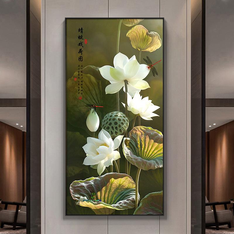 Abstract Flower Picture Canvas Painting New Chinese Golden Luxury Lotus Posters and Prints Wall Picture for Porch Home Decor