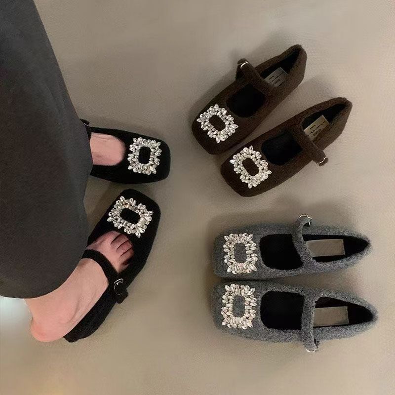 Autumn and winter temperament late rhinestone Mary Jane shoes elegant and versatile evening wind French square hair shoes