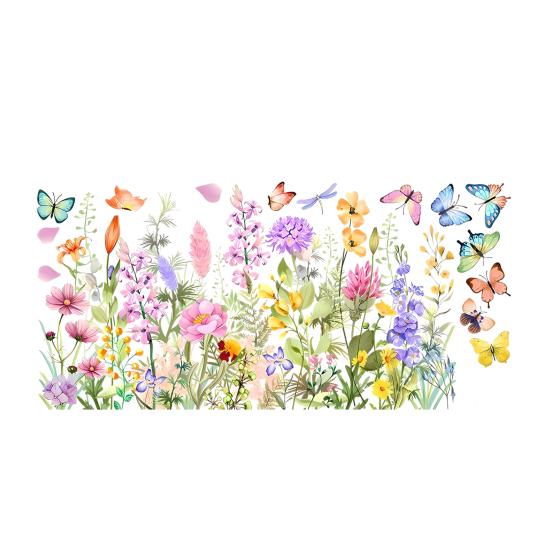 Bunte Blumendekor Wildblumen Schmetterlinge Grünes Gras Wandsticker Abnehmbar Abziehen