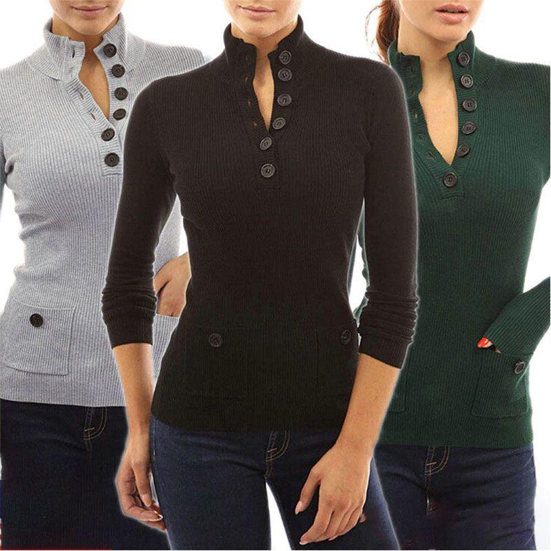 Top casual a collo alto a maniche lunghe da donna, maglione in maglia, T-shirt con bottoni, camicetta, in tessuti di alta qualità per il comfort di tutto il giorno