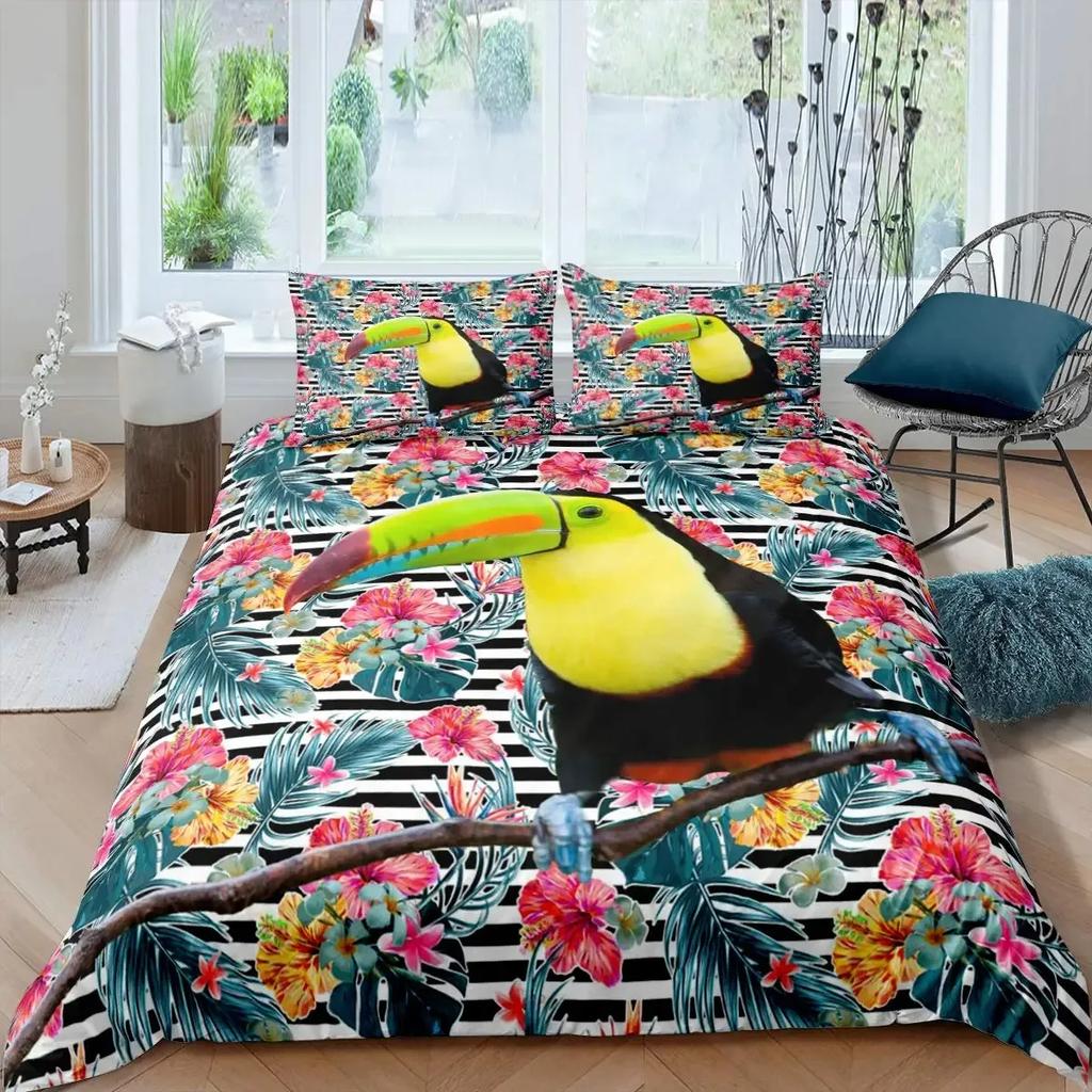 3D Toucan Duvet Cover Set Safari Animals Bedding Sets Tropical Jungle Birds Comforter Cover,Boys Girls Fresh Nature Quilt Cover