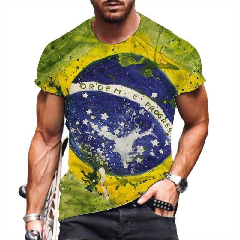 Summer Round Neck 3D Brazilian Flag Football Jersey Print Top Fashionable Casual Short Sleeved Men's T-shirts