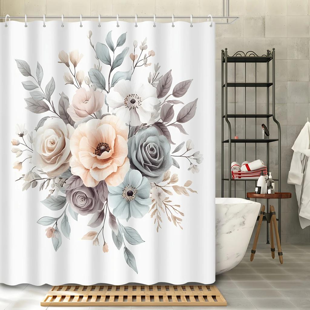 Open 1Pc Cartoon Watercolor Simple Floral Plant Print Shower Curtain, Polyester Fabric With 12 Hooks, Bathroom Accessory