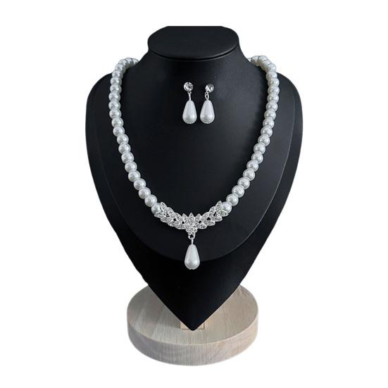 2Pcs/Set Imitation Pearl Jewelry Set Retro French Style Blue Waterdrop Faux Gem Charm Necklace Earrings Set