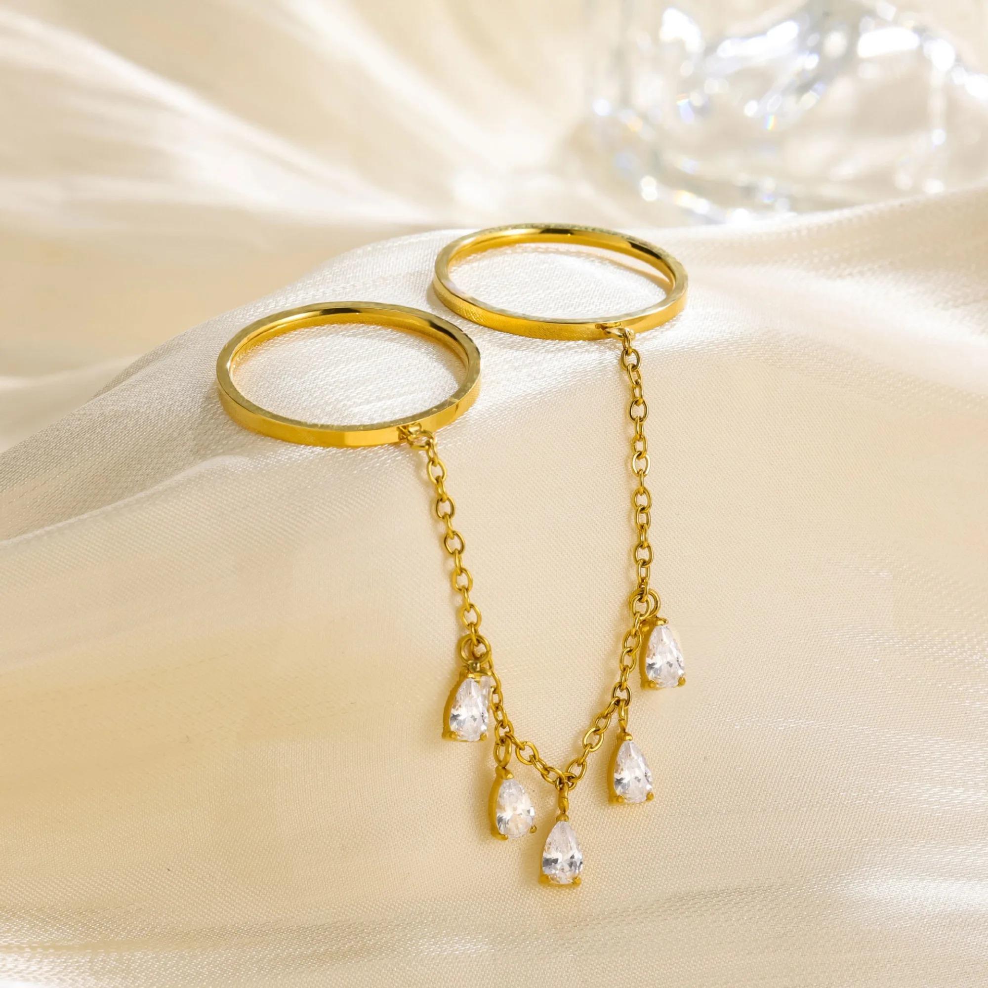 

Stainless Steel 18K Gold-Plated Double Hoop Teardrop Zircon Tassel Pendant Rings for Women Boho Tarnish Free Waterproof Jewelry 7
