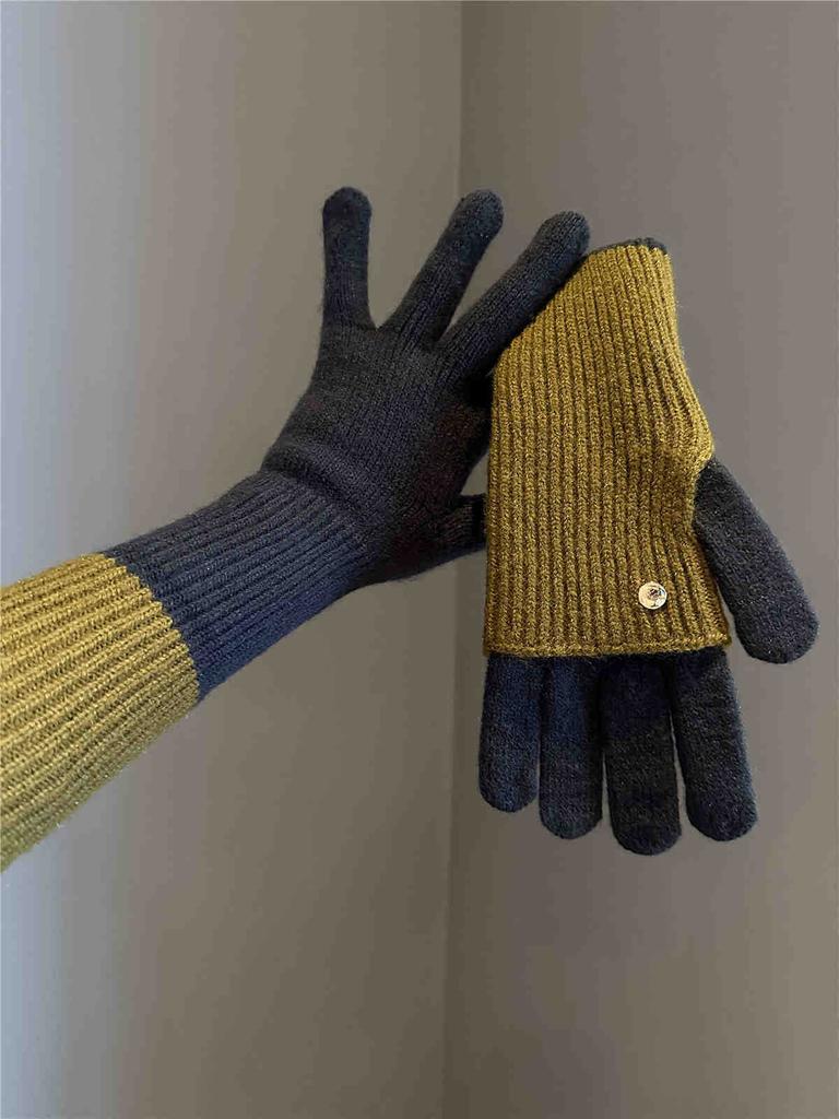 Maillard Wind Long Short Dual-purpose Color Matching Knitted Gloves Wool Can Be Played Mobile Phone Warm