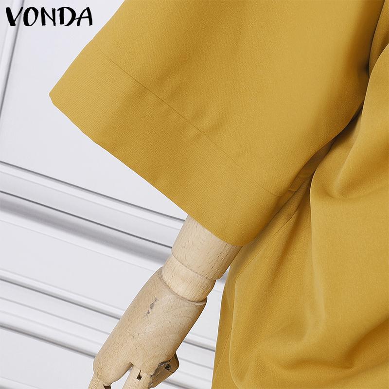 VONDA Women Vintage Lapel Long Sleeve Solid Color Shirt Dresses