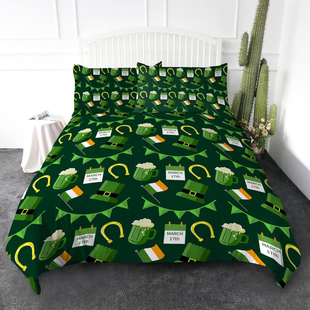 Green Animal Plant Pattern Duvet Cover Queen King Size HD Printed Shamrock Green Bedding Set 3 Piece Set and 2 Pillowcase T