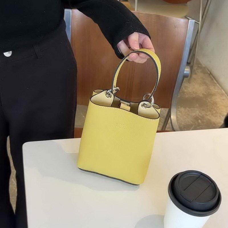 2025 New Genuine Leather Women's Bag Top Layer Cowhide Mini Bucket Bag Color Blocked Tote Phone Bag Hand-held Single Shoulder Diagonal Cross