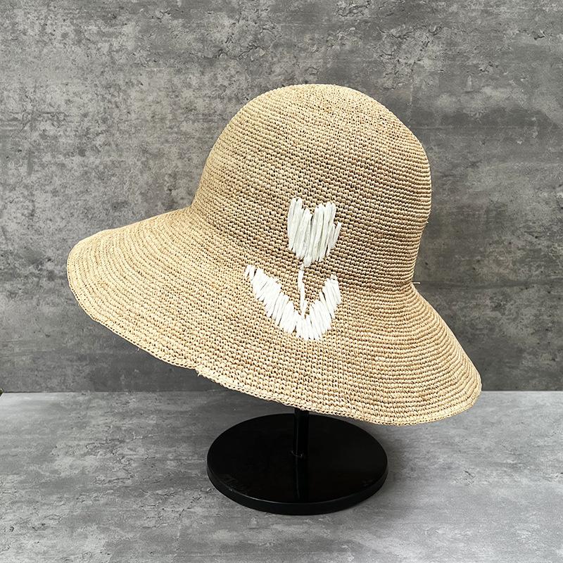 Thin Lafite Straw French Bucket Hat Women'S Big-Brimmed Straw Hat Tulip Handmade Crochet Vacation Beach Sun Hat