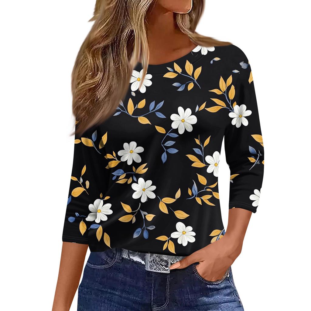 Women's Fashionable Casual Round Neck T-Shirt With Floral Print And Three-Quarter Sleeves