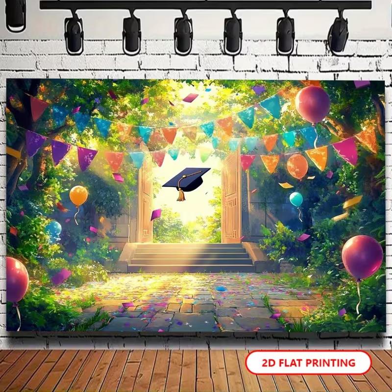 2D Graduation Garden Backdrop, Colorful Bunting, Balloons and Grad Cap Background