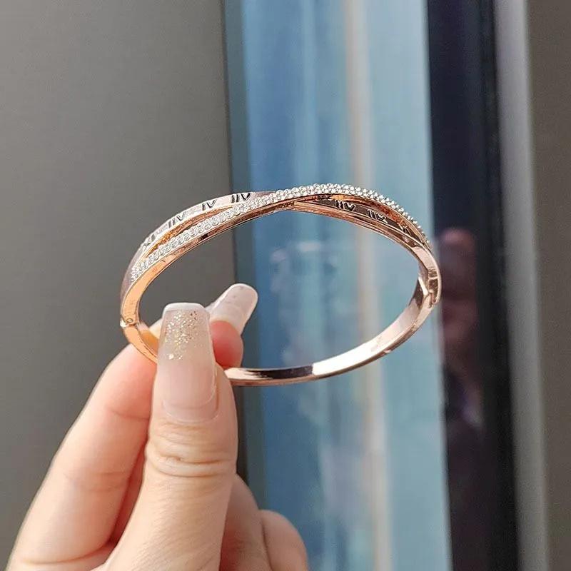 Elegant Crossed Bangle Bracelet with Roman Numeral Engraving and Embedded Rhinestones for Women Fashion Jewelry Accessory