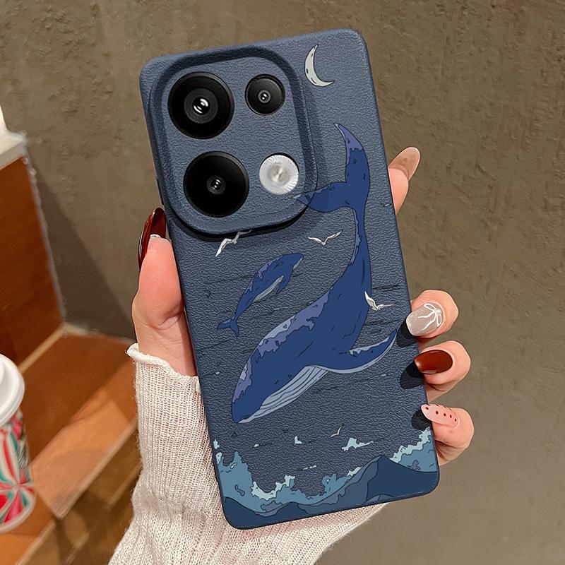 For Xiaomi 13T Pro Poco X7 X6 Redmi Note 14 13 12 11 Case Shell Whale Pattern TPU Leather Texture Matte Soft Shockproof Lens Protection Phone Cover