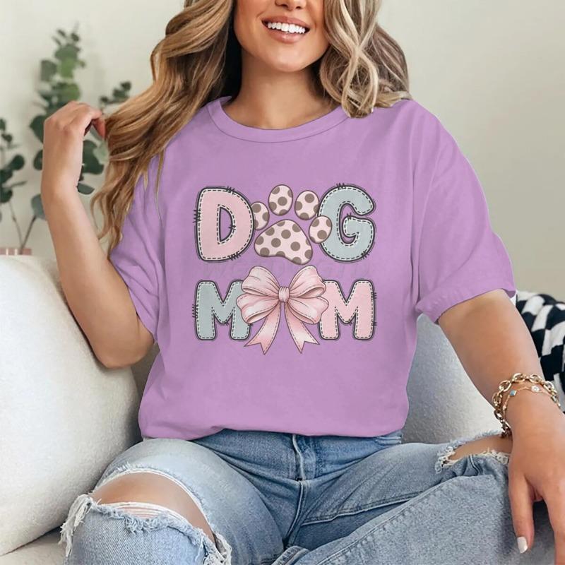 Dog Mom Graphic Crew Neck T-Shirt For Women CasualTee With Short Sleeves Pink Bow Paw Print Design Perfect For Mother's Day