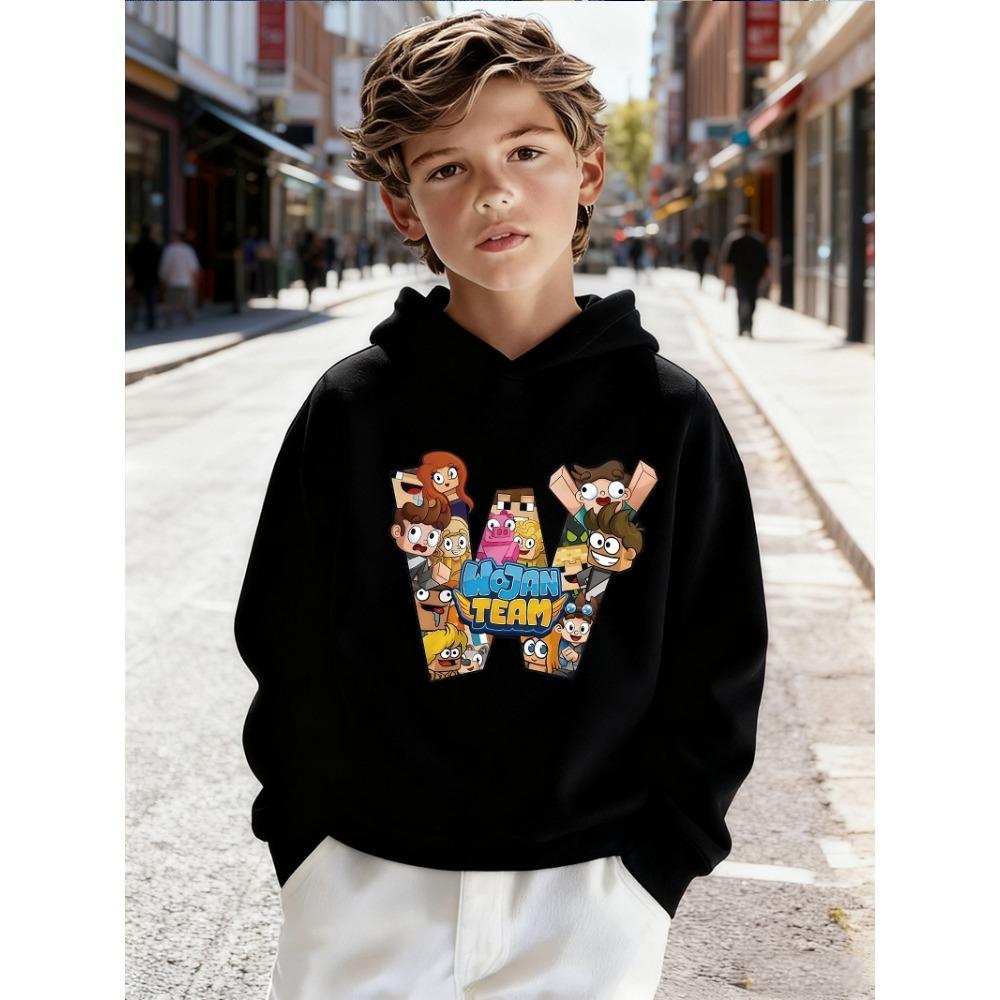 Warm Kids Hooded Pullover, Colorful Animated Character Crew With Alphabet Print Sweatshirt, AutumnWinterCasual Long Sleeve Top for Children Daily Wear