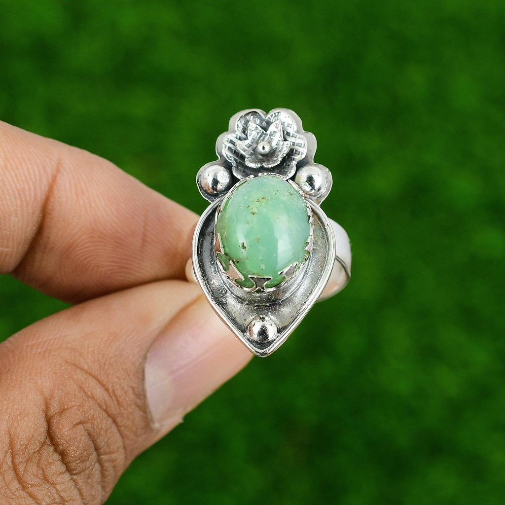 Natural Chrysoprase Gemstone Multi Stone Flower Adjustable Ring 925 Silver