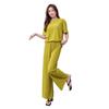 Qianye Women's Autumn Pajama Set – Pleated Short Sleeve Top & Long Pants with Embroidered Letter.