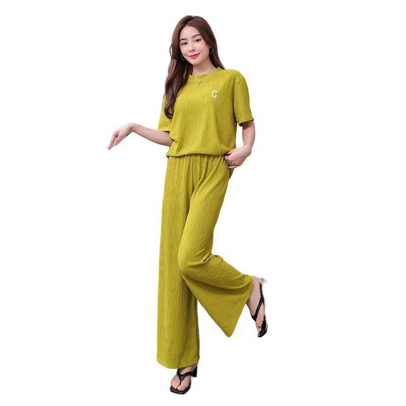 Qianye Women's Autumn Pajama Set – Pleated Short Sleeve Top & Long Pants with Embroidered Letter.
