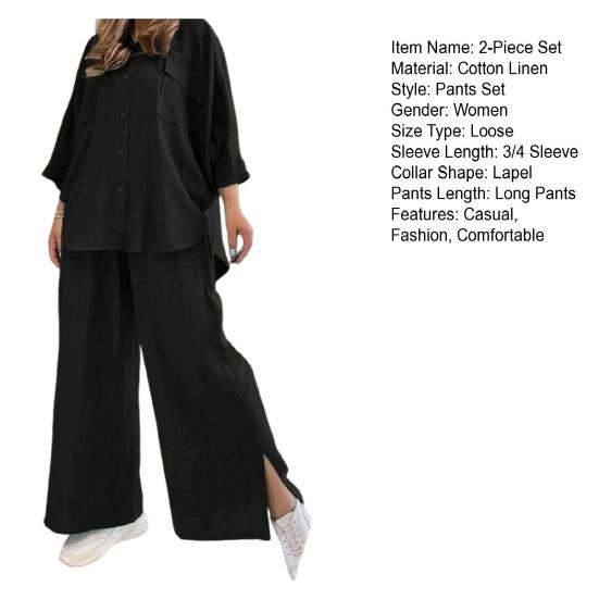Women's Cotton Linen 2 Piece Outfit Button Down 3/4 Sleeve Shirts And Slit Wide Leg Pants Set Casual Loose Lounge Tracksuit