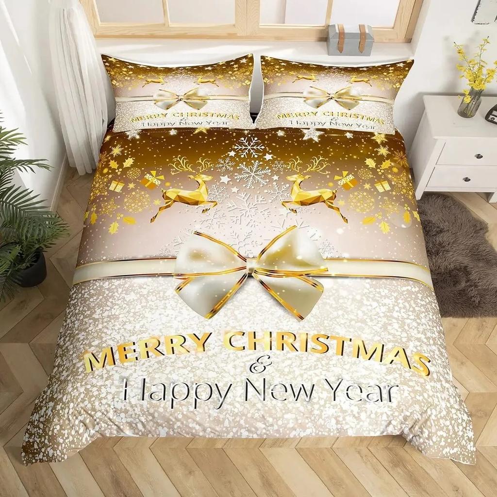 Gold Christmas Duvet Cover Set Gold Elk Xmas Printed Cartoon Christmas Festival Bedding Sets Full Queen Size with Pillowcase