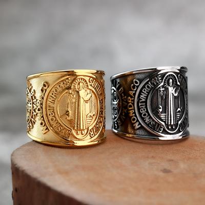 Retro Saint Benedict Medal Wide Ring For Men Stainless Steel Metal Cross Vintage Punk Gothic Accessories Blessing Gift