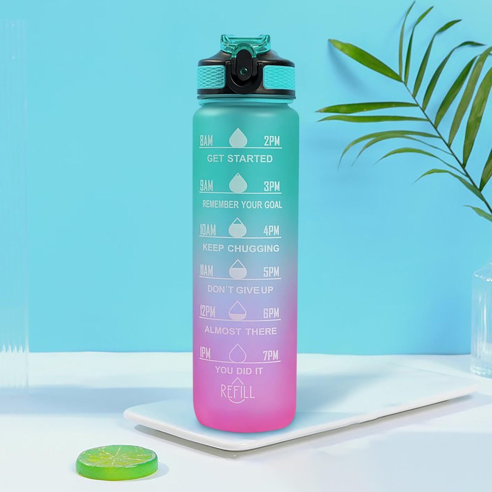 

Мотивационная бутылка для воды для фитнеса и спорта, 32 унции/1000 мл, с маркером времени и соломинкой, большая, с широким горлышком, герметичная, прочная One Size зелёный
