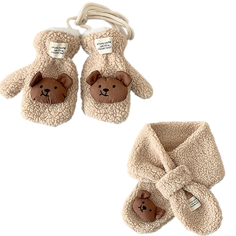 

2Pcs Soft and Warm Children s Scarf and Mittens Set Lovely Animal Baby Neck Warmer with Matching Gloves for Winter бежевый