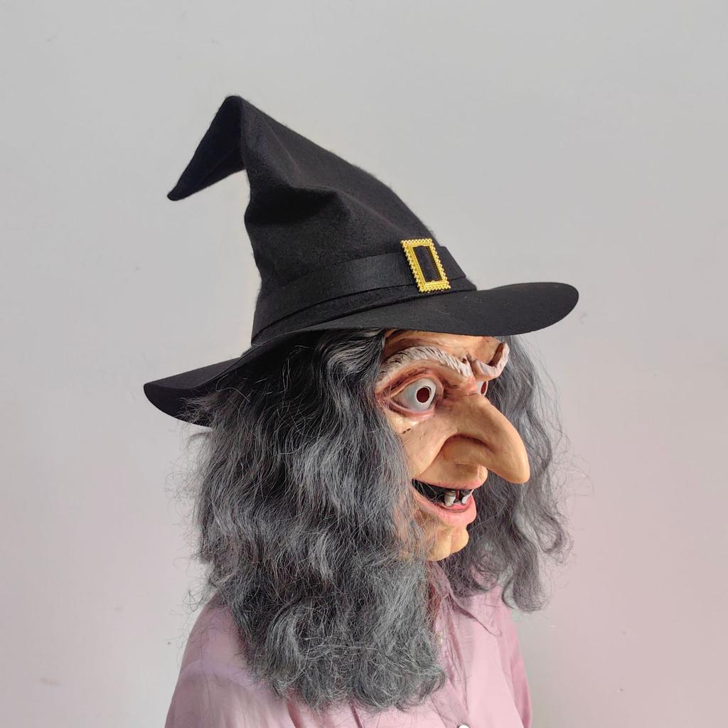 Witch With Hat Mask Cosplay Sorceress Old Nana Grandma Witches Latex Helmet Halloween Carnival Dress Up Party Costume Props