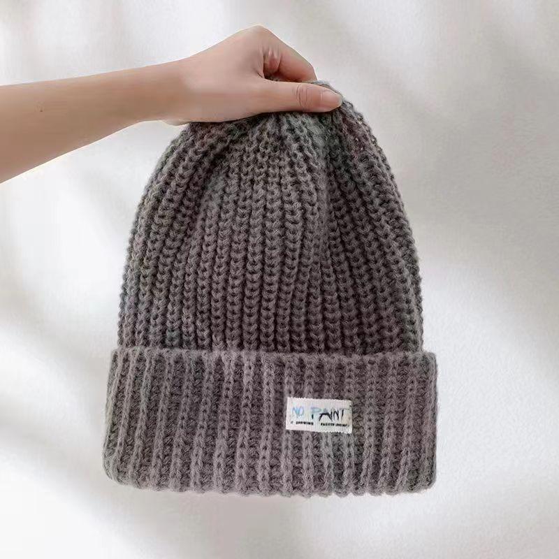 Korean version of alphabet cloth label thickened knitted wool hat women's winter big head circumference pullover hat shows a small face