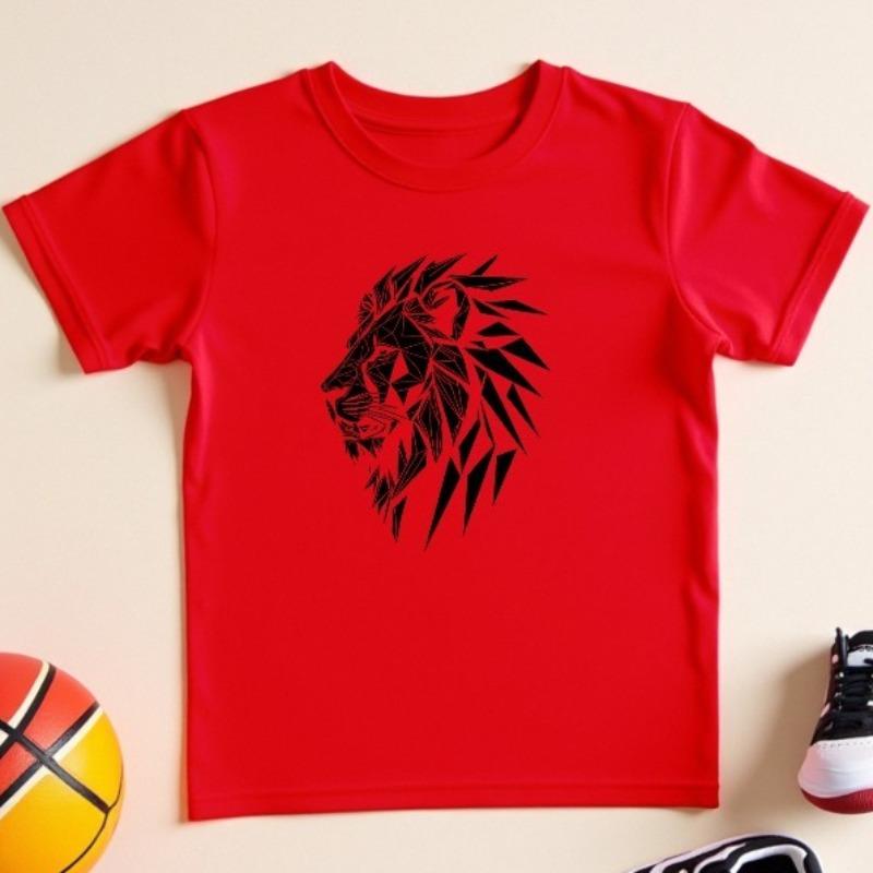 Kids Geometric Lion Head Print Crewneck Breathable Summer Short Sleeve Tee