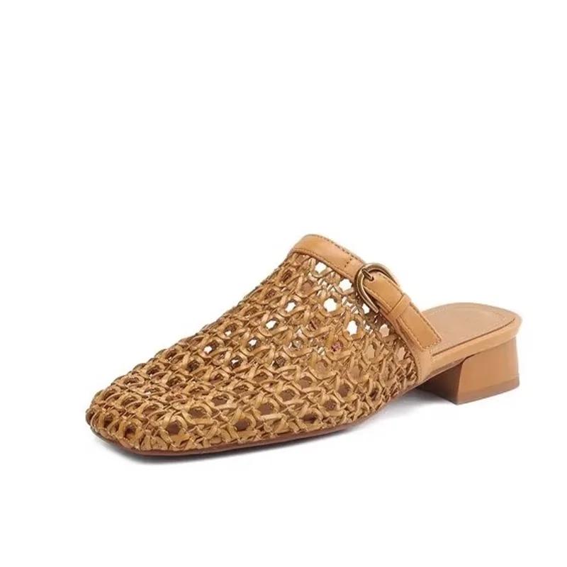 Fashion Women's Vintage Woven Breathable Cutout Half Slip Block Heel Elegant Casual Slippers