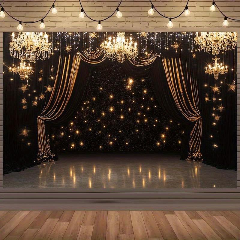 Luxurious Background Fabric Paired with Elegant Chandeliers, Golden Curtains and Twinkling Stars - Polyester Wedding Decorations