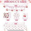 Cherry Party Decorations,Cherry Bow Birthday Banner Cherry Disposable Tablecloth Tattoo Stickers Fan-Shaped Cherry Bow Paper Plates with Napkin Sets