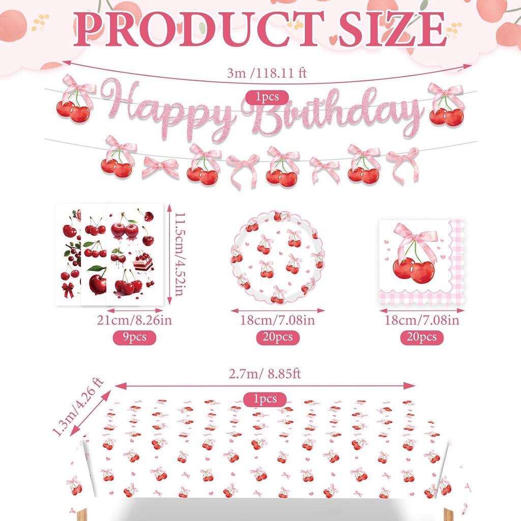 Cherry Party Decorations,Cherry Bow Birthday Banner Cherry Disposable Tablecloth Tattoo Stickers Fan-Shaped Cherry Bow Paper Plates with Napkin Sets