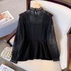 Women's Clothing Sexy Round Neck Lace Spliced Shirt Long Sleeve Sheer Spring Autumn New All-match Solid Color Hollow Out Blouse