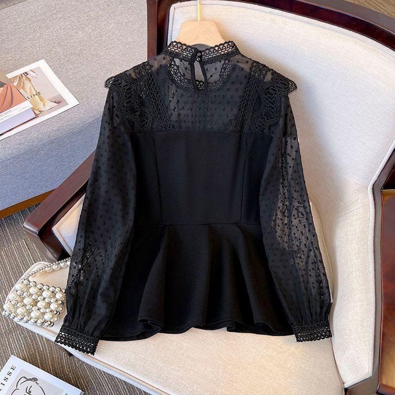 Women's Clothing Sexy Round Neck Lace Spliced Shirt Long Sleeve Sheer Spring Autumn New All-match Solid Color Hollow Out Blouse