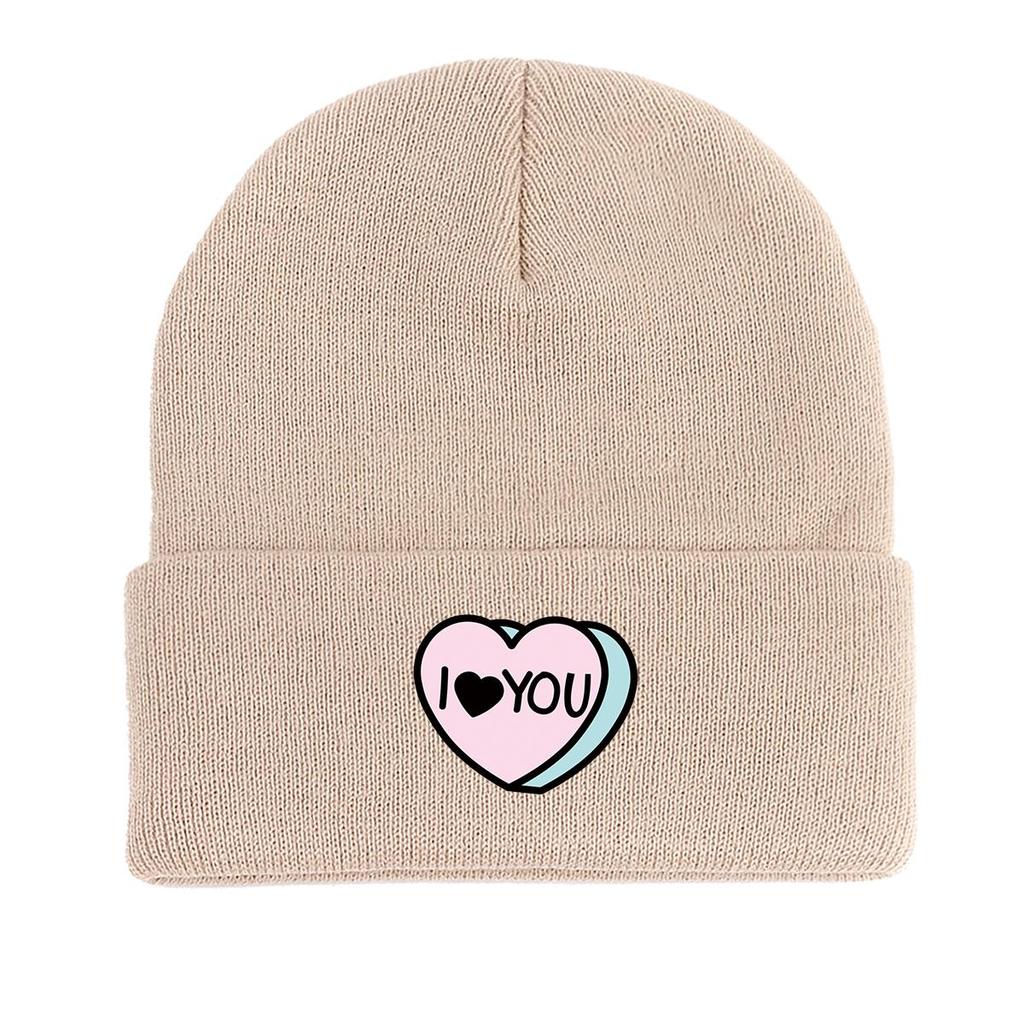 I LOVE YOU" Print Knitted Cap Beanie, Valentine's Day Woman Cap Winter Soft Hip Hop Headwear Knitted Cap Beanie