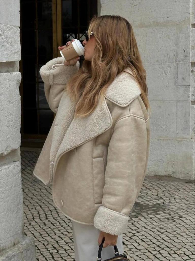 2025 Autumn/Winter Women's Lapel Shearling Suede Fleece-lined Warm Coat A14063