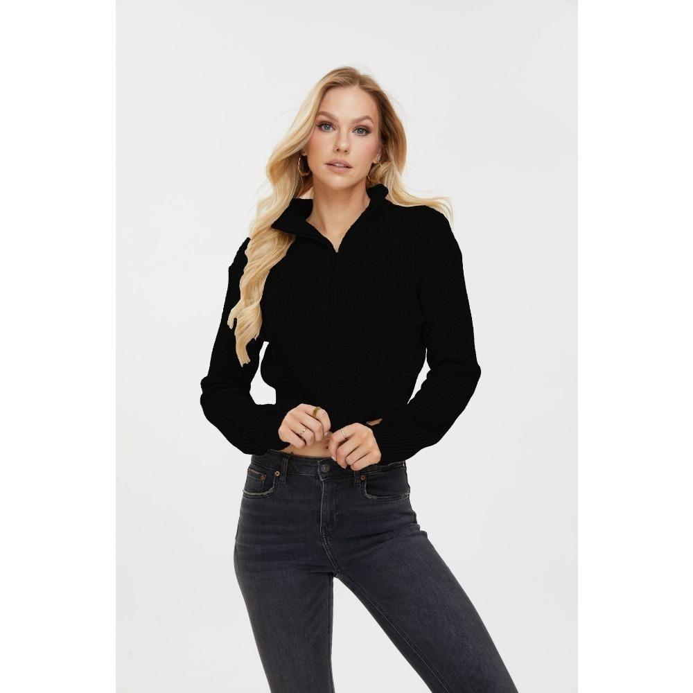 Einfarbiger Reißverschluss-Pullover für Damen im Herbst und Winter, schlanker V-Ausschnitt, langärmliger Pullover