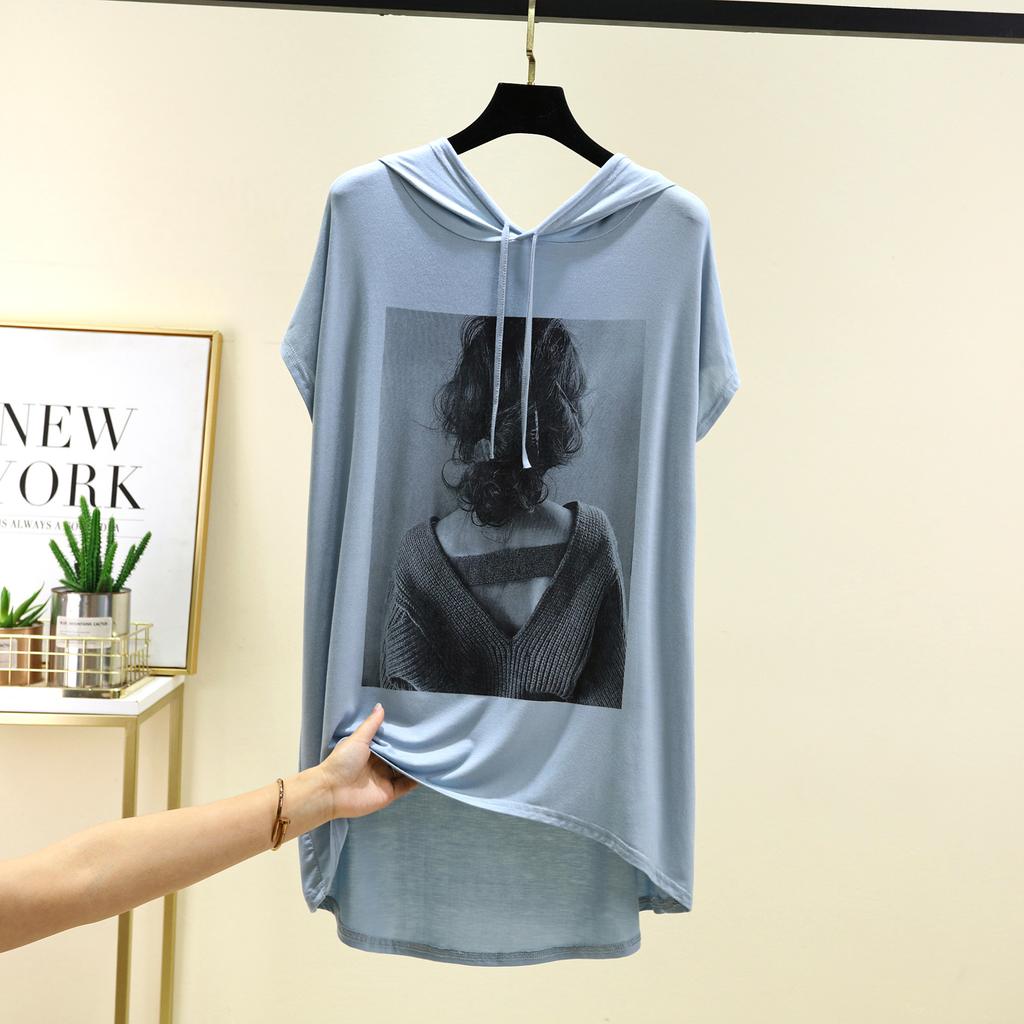 Mid-Length Beauty Print Hooded Tshirts Summer Women's Modal Hoodies Casual Tee Tops Short Sleeves Solid Color All Match